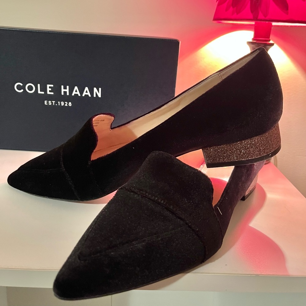 COLE HAAN Black Velvet Loafers with Rose Gold Glitter Heel, Size 8.5
